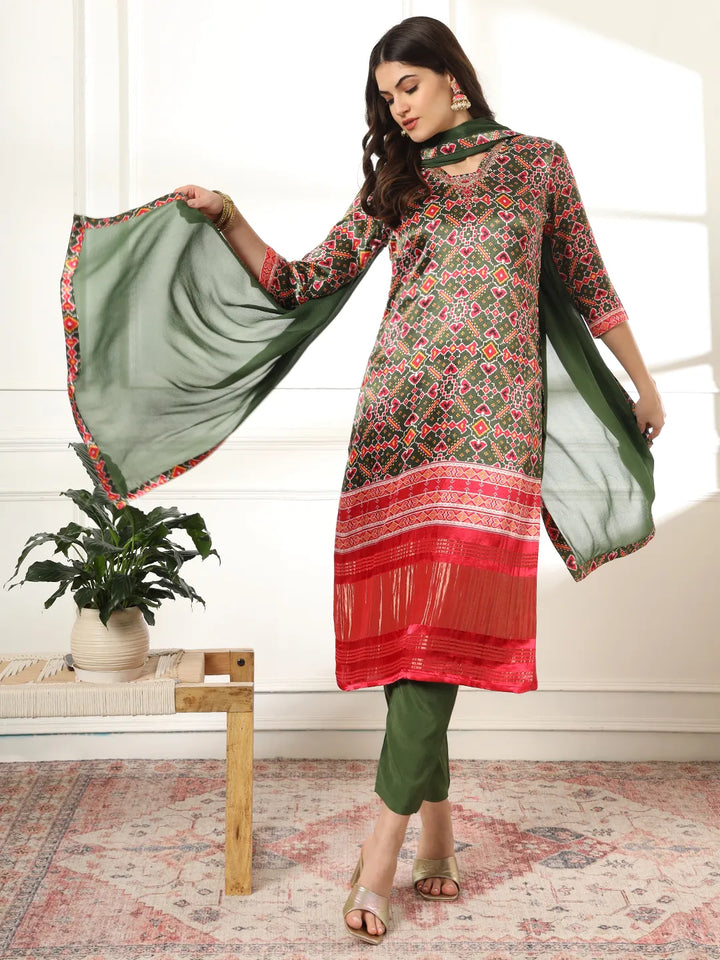 Green Silk Ethnic Motifst Kurta Dupatta Pant Set