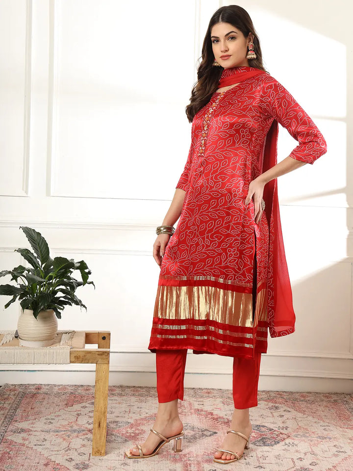 Maroon Bandhani embroidered Kurta with Trousers with dupatta Set