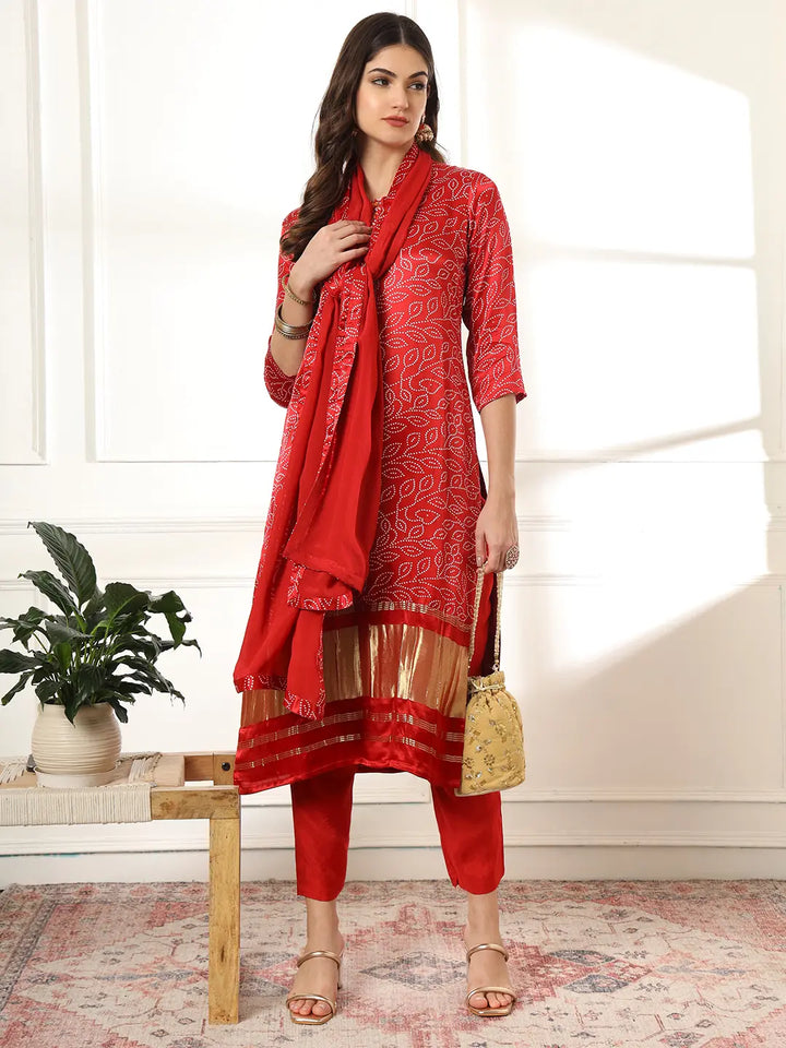 Maroon Bandhani embroidered Kurta with Trousers with dupatta Set