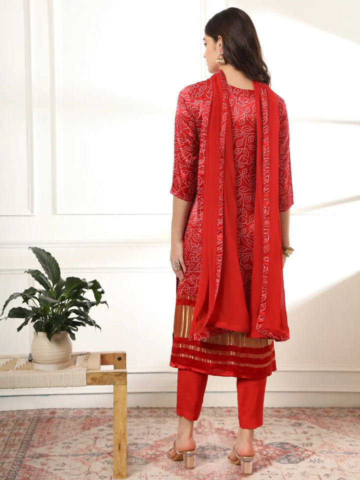 Maroon Bandhani embroidered Kurta with Trousers with dupatta Set