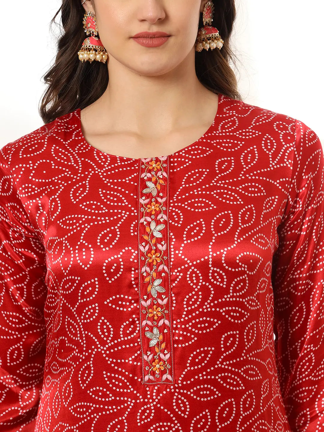 Maroon Bandhani embroidered Kurta with Trousers with dupatta Set