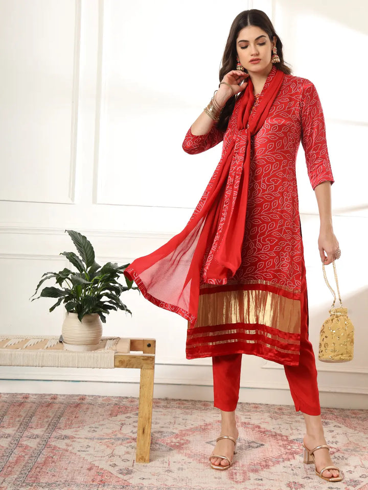 Maroon Bandhani embroidered Kurta with Trousers with dupatta Set