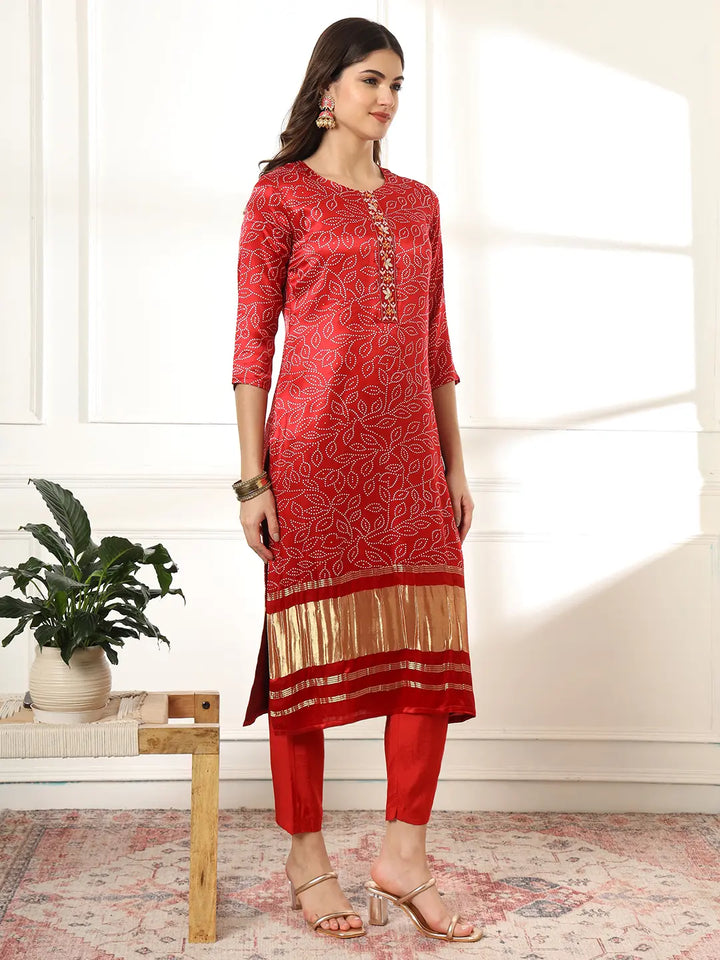 Maroon Bandhani embroidered Kurta with Trousers with dupatta Set