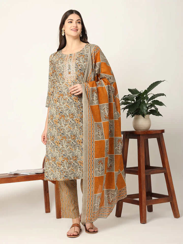 Mustard And Gray Cotton Dori_Embroidery Kurta Dupatta Pant Set