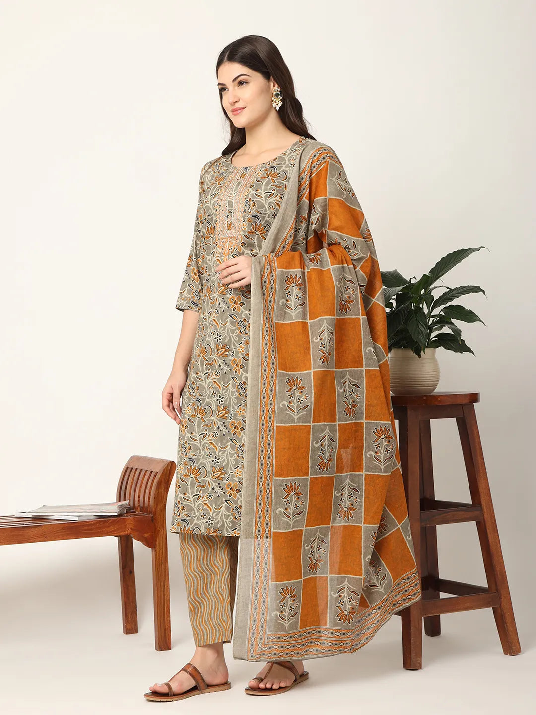 Mustard And Gray Cotton Dori_Embroidery Kurta Dupatta Pant Set