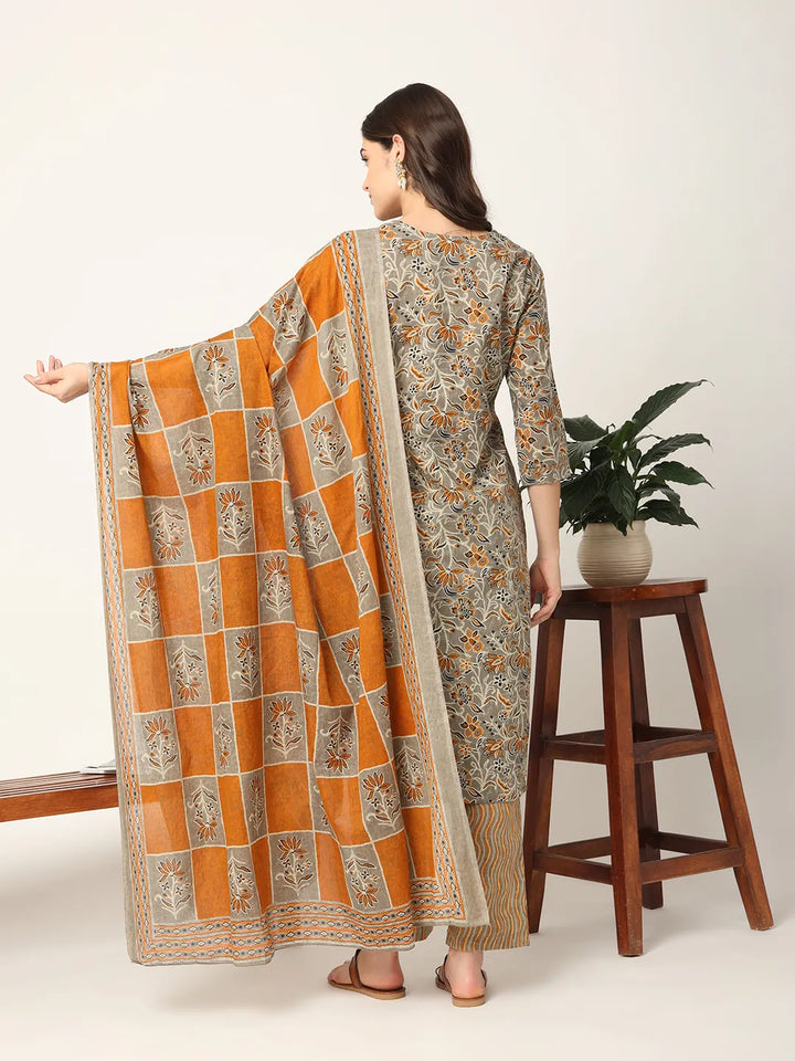 Mustard And Gray Cotton Dori_Embroidery Kurta Dupatta Pant Set