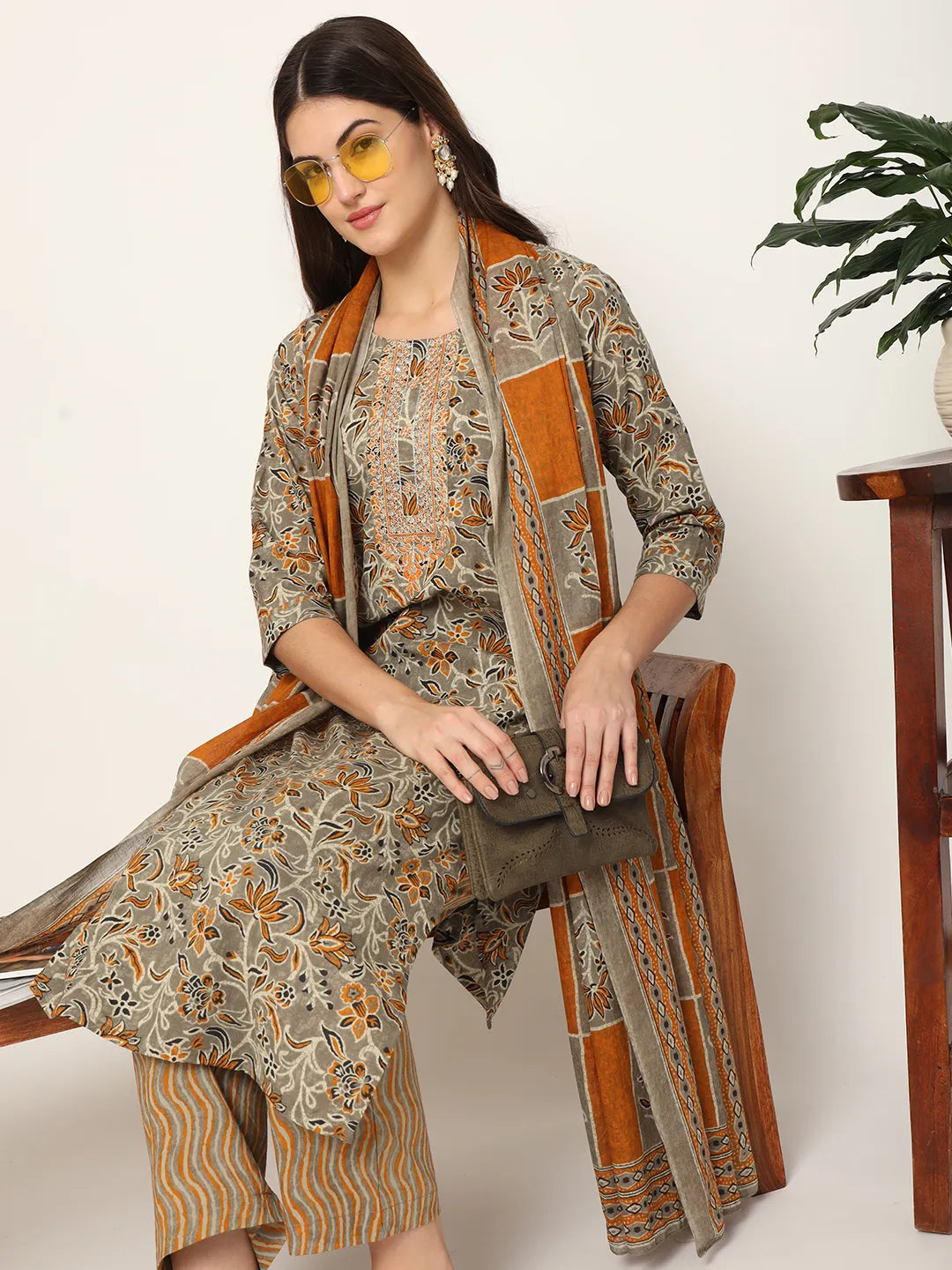 Mustard And Gray Cotton Dori_Embroidery Kurta Dupatta Pant Set