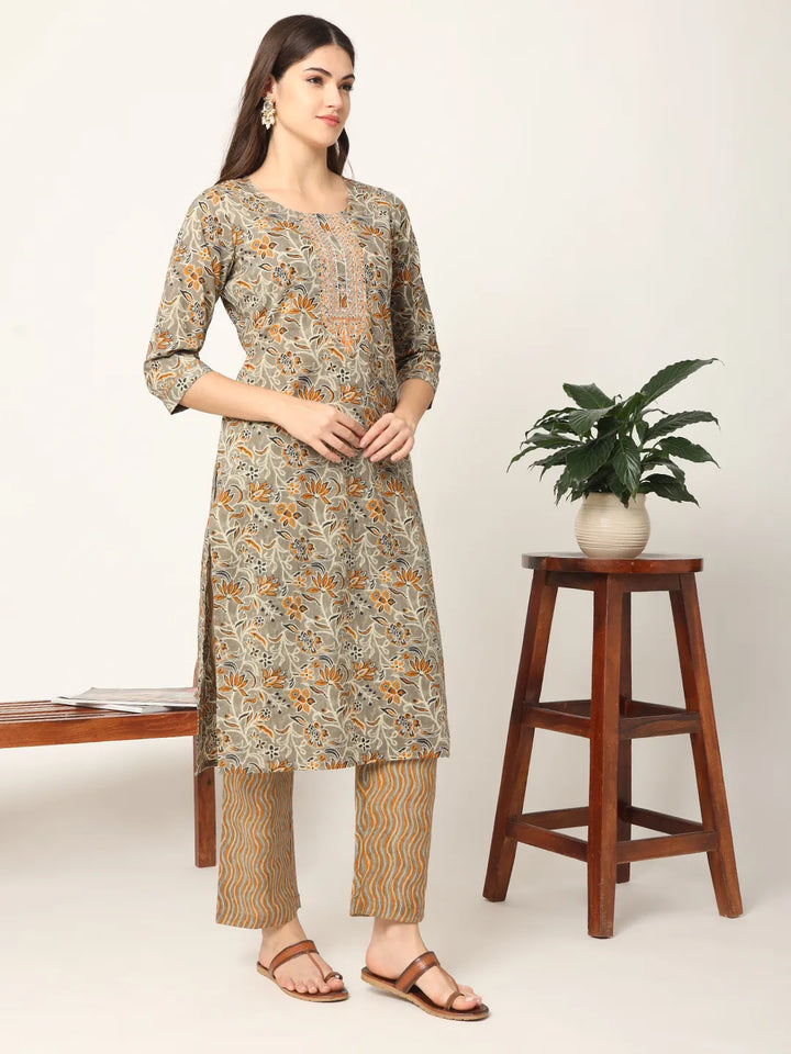 Mustard And Gray Cotton Dori_Embroidery Kurta Dupatta Pant Set