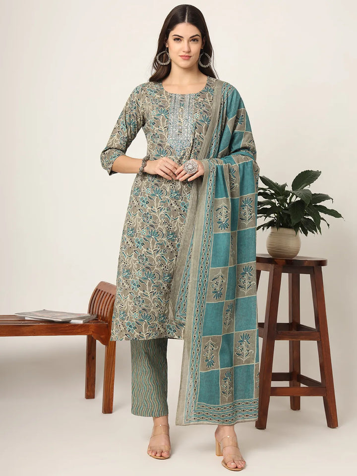 Cotton Teal Blue And Grey Cotton Dori_Embroidery Kurta Dupatta Pant Set