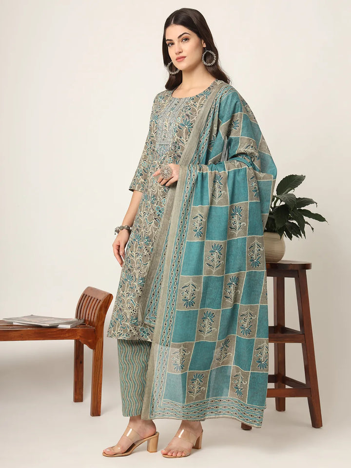 Cotton Teal Blue And Grey Cotton Dori_Embroidery Kurta Dupatta Pant Set