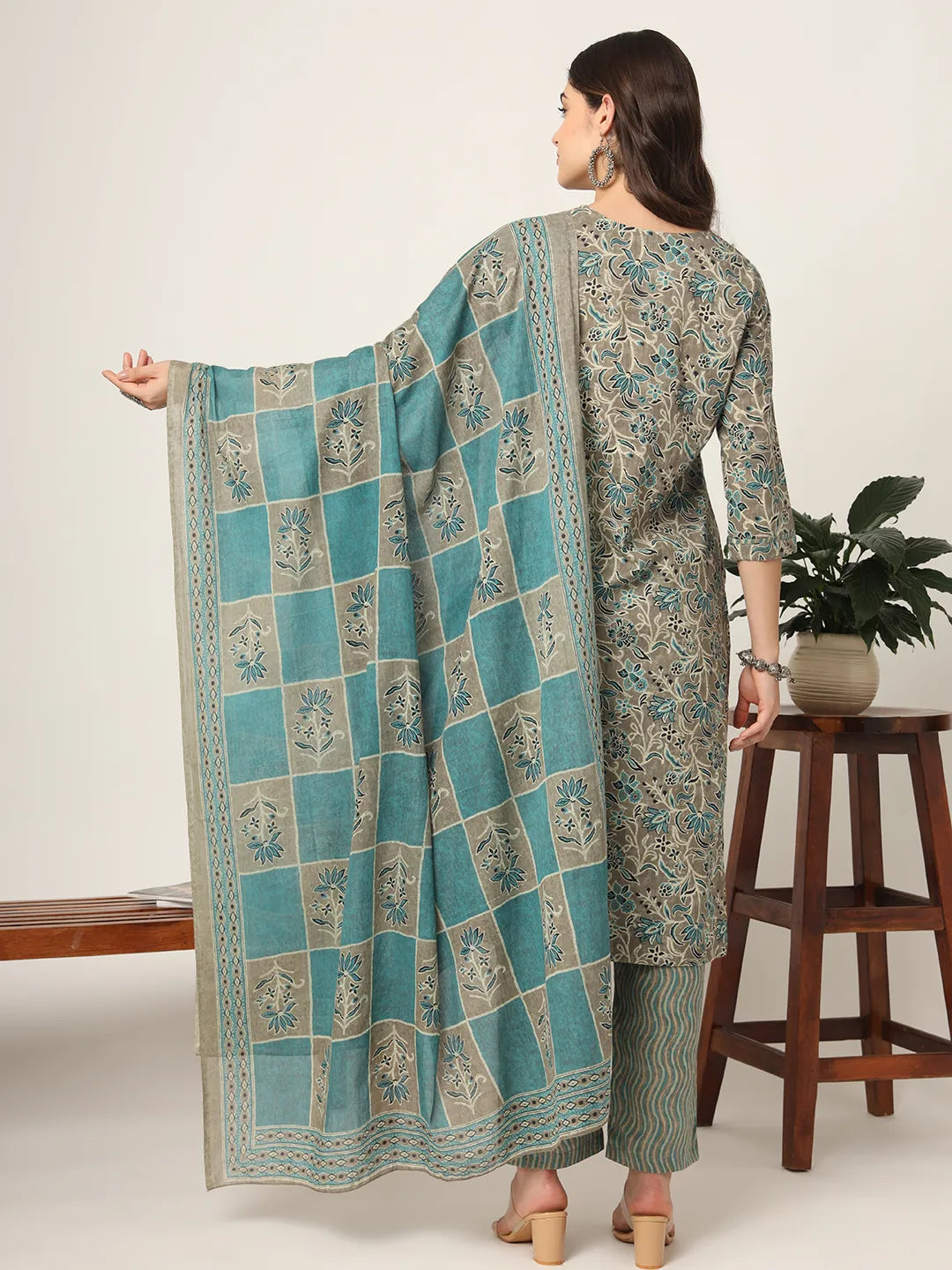 Cotton Teal Blue And Grey Cotton Dori_Embroidery Kurta Dupatta Pant Set