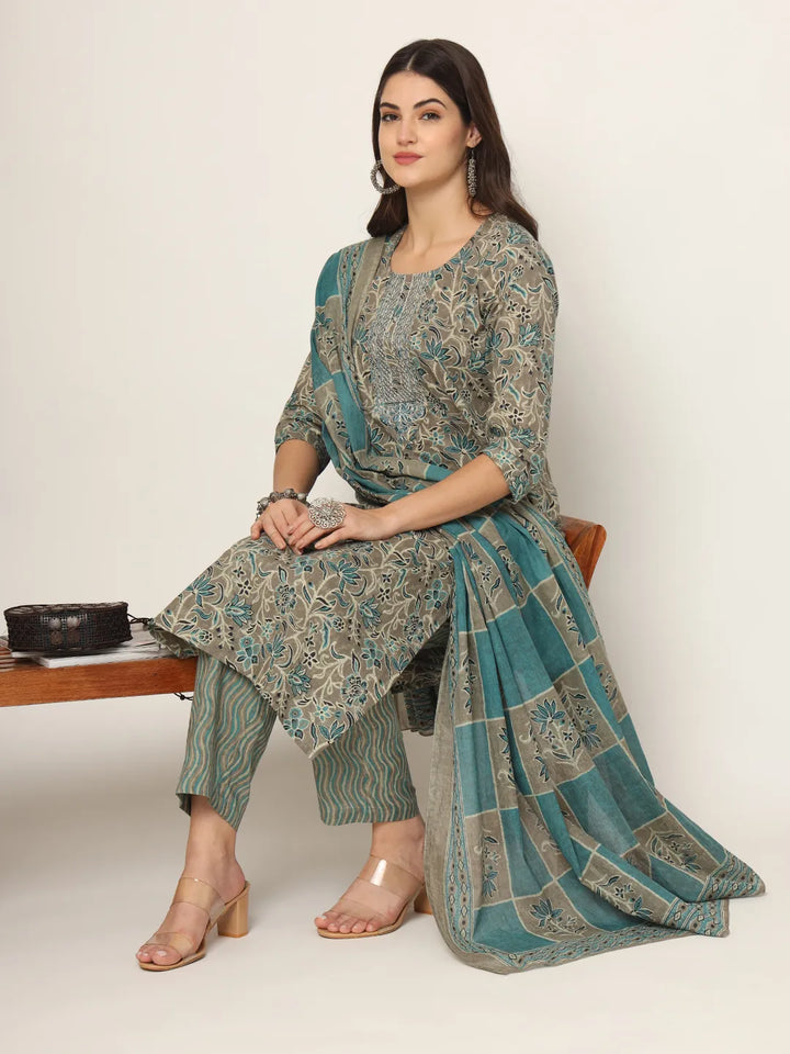 Cotton Teal Blue And Grey Cotton Dori_Embroidery Kurta Dupatta Pant Set