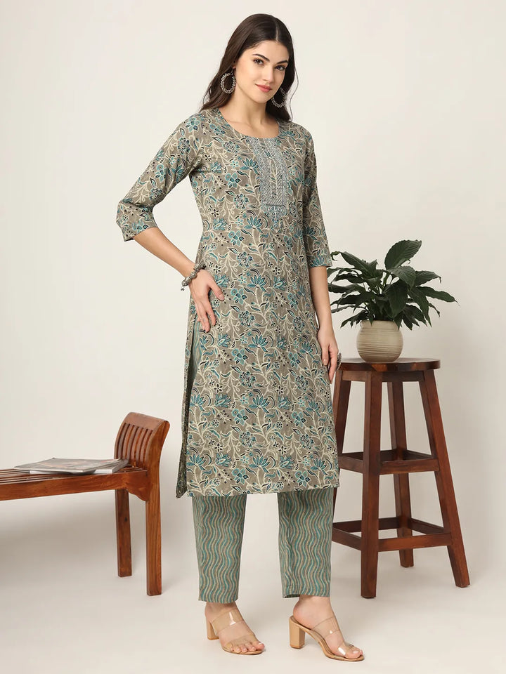 Cotton Teal Blue And Grey Cotton Dori_Embroidery Kurta Dupatta Pant Set