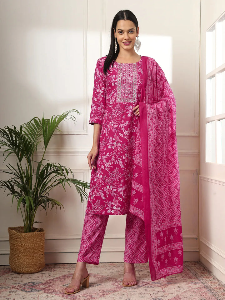 Pink Pure Cotton Floral Print Embroidered Kurta Dupatta Pant Set