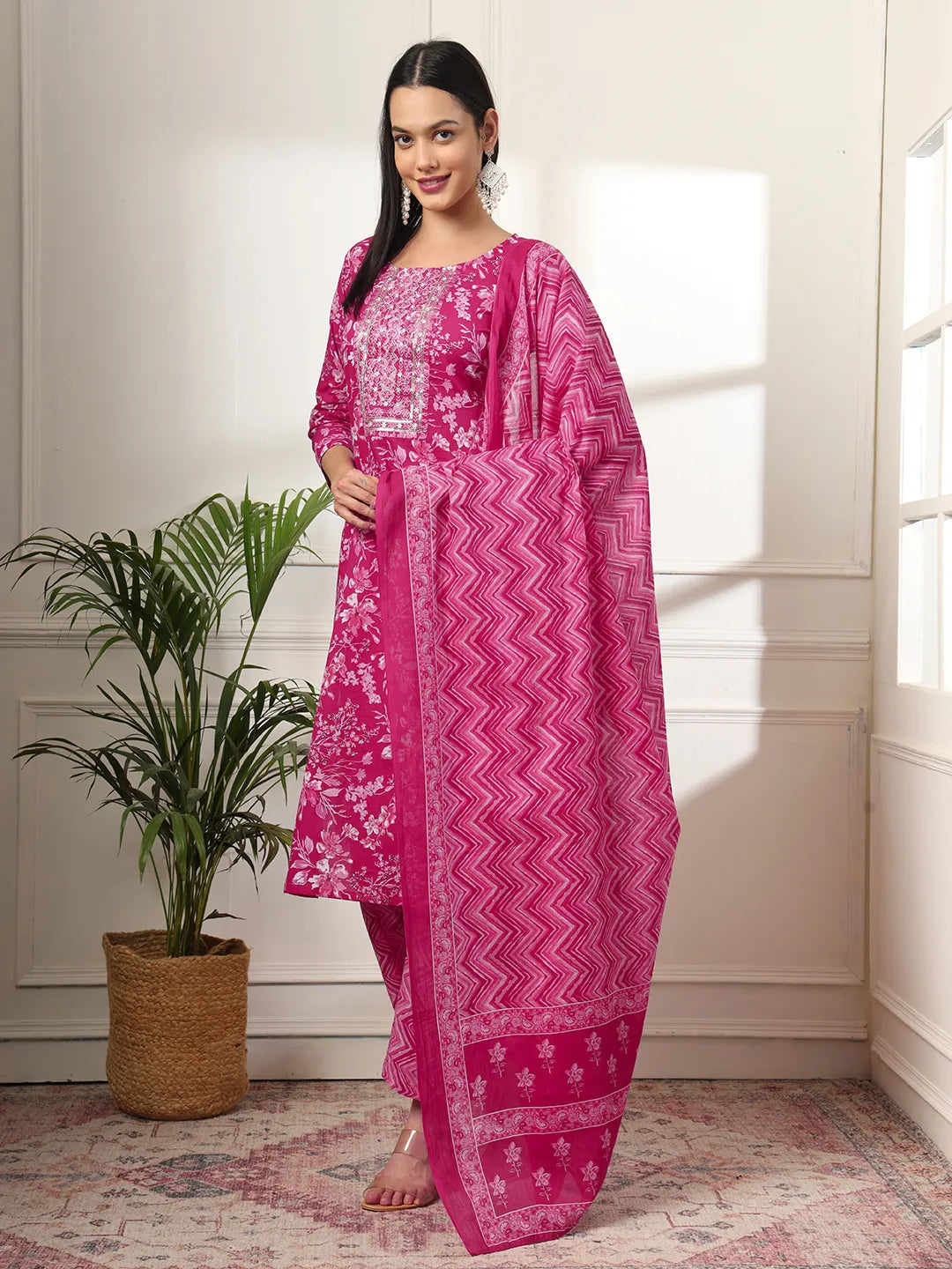 Pink Pure Cotton Floral Print Embroidered Kurta Dupatta Pant Set