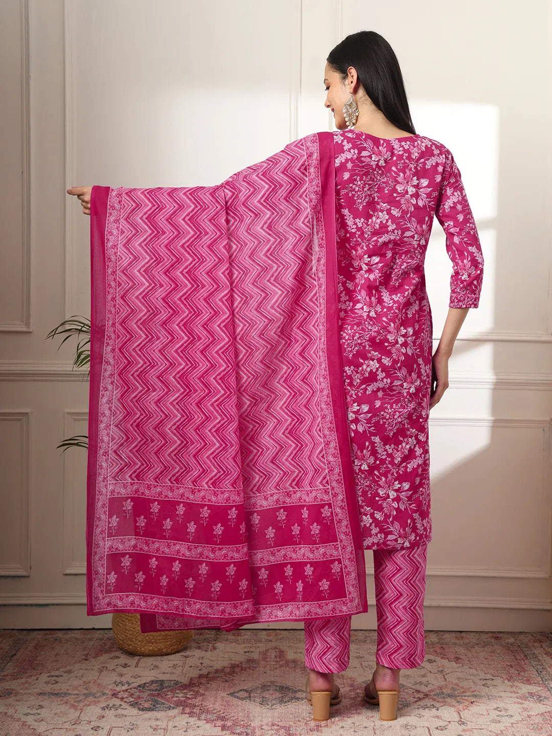 Pink Pure Cotton Floral Print Embroidered Kurta Dupatta Pant Set