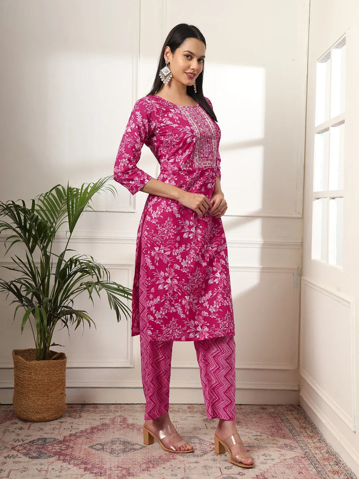 Pink Pure Cotton Floral Print Embroidered Kurta Dupatta Pant Set