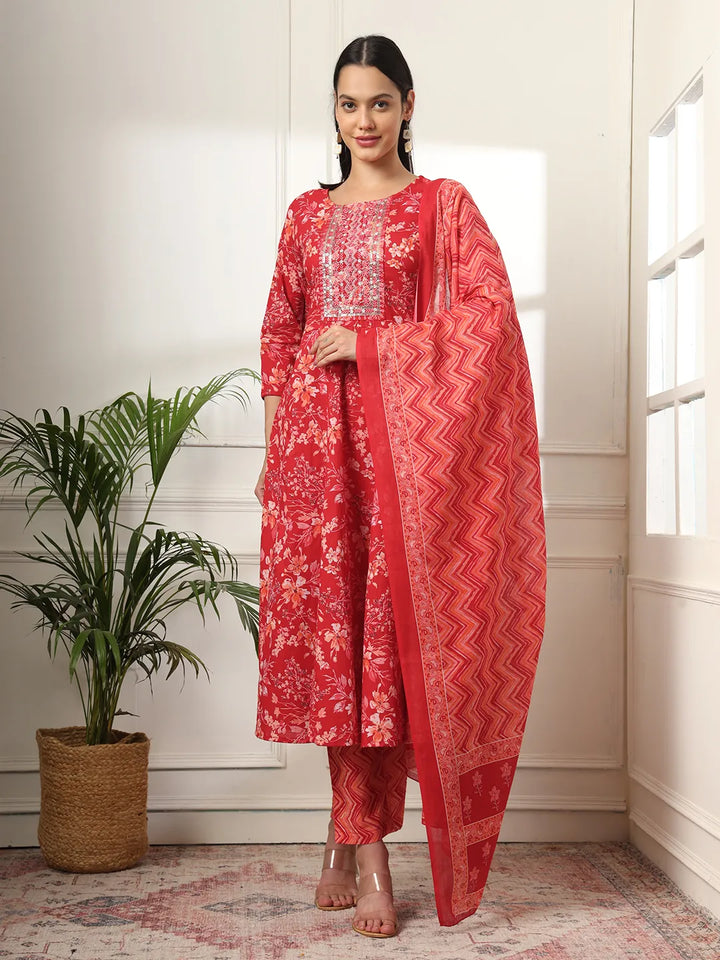 Pure Cotton Red Anarkali Dupatta Pant Set