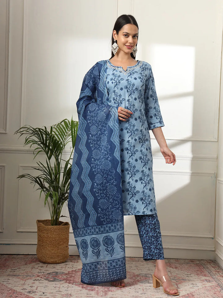 Cotton Blue Kurta Dupatta Pant Set