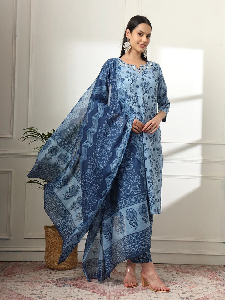 Cotton Blue Kurta Dupatta Pant Set