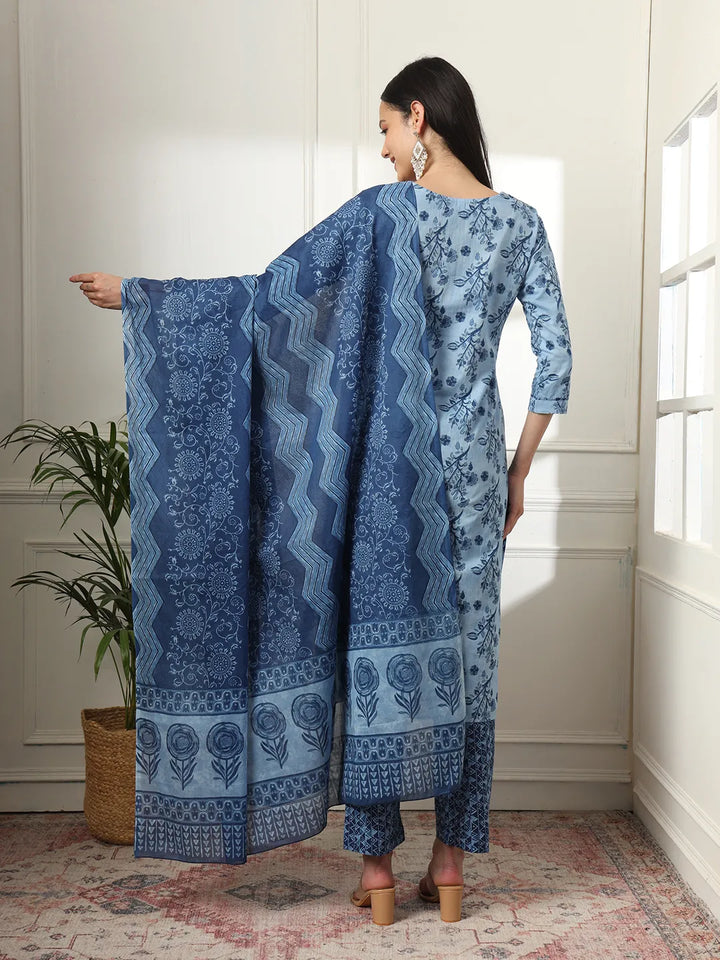 Cotton Blue Kurta Dupatta Pant Set