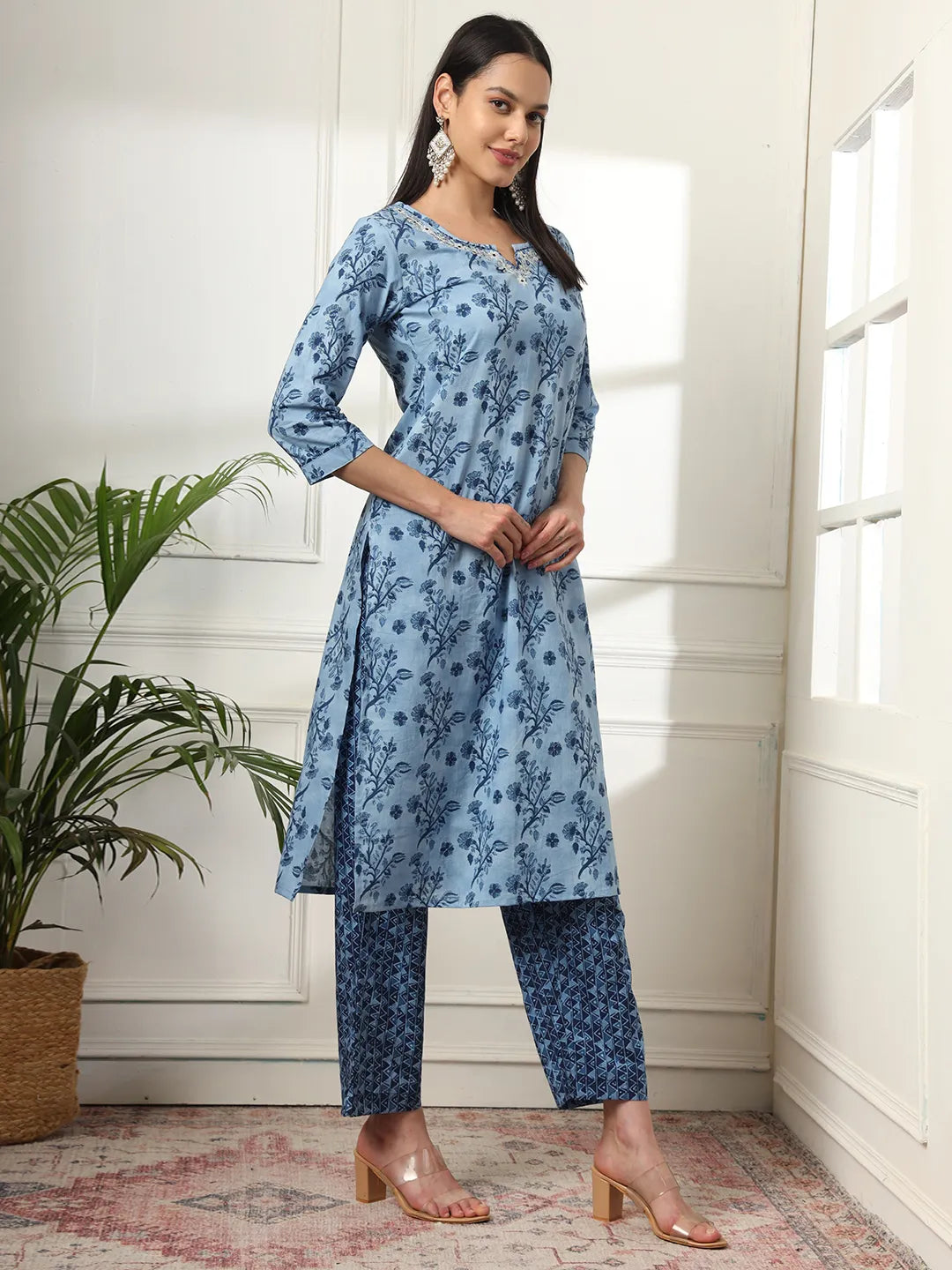 Cotton Blue Kurta Dupatta Pant Set