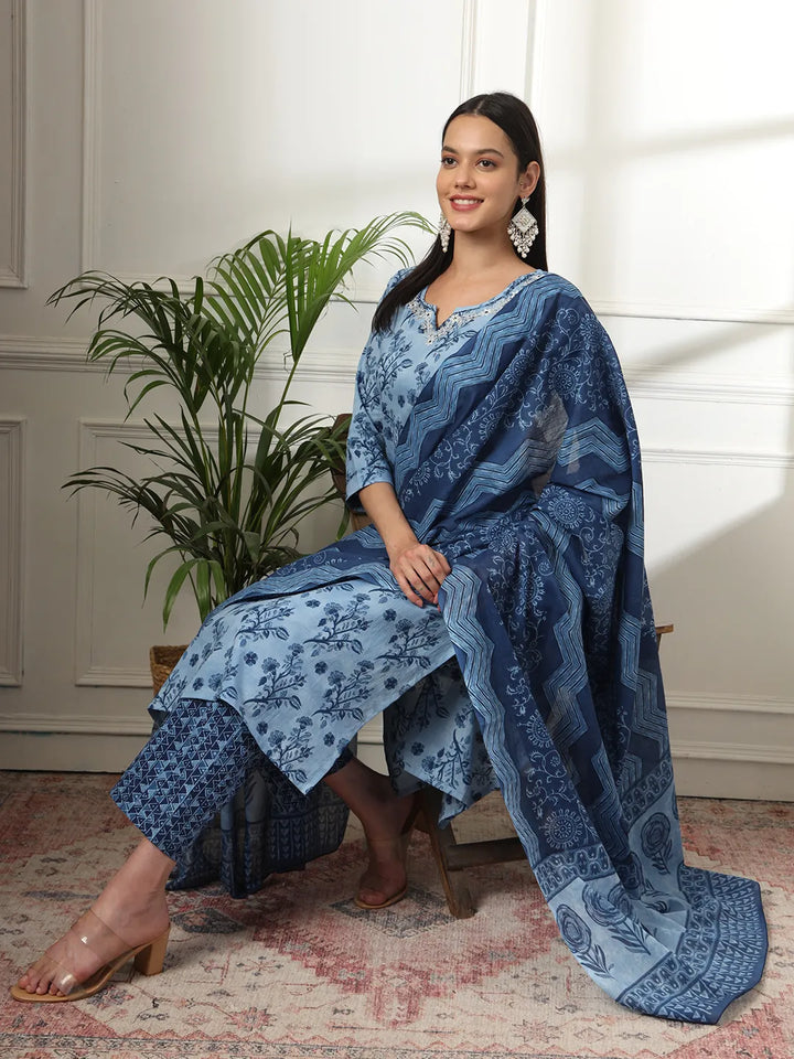 Cotton Blue Kurta Dupatta Pant Set