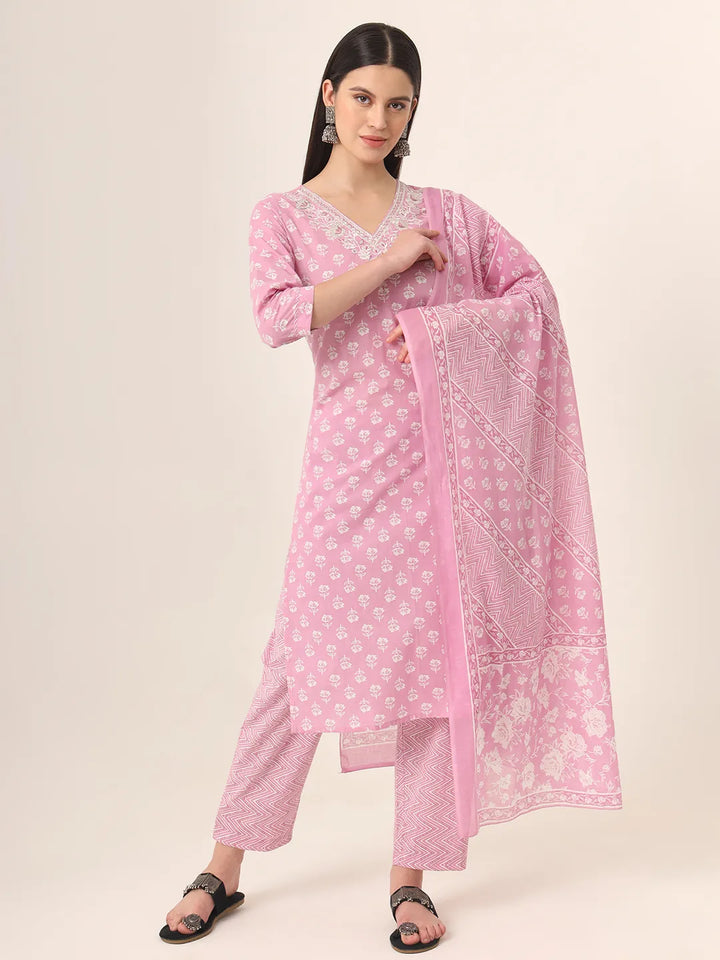 Pure Cotton Pink Kurta Dupatta Pant Set