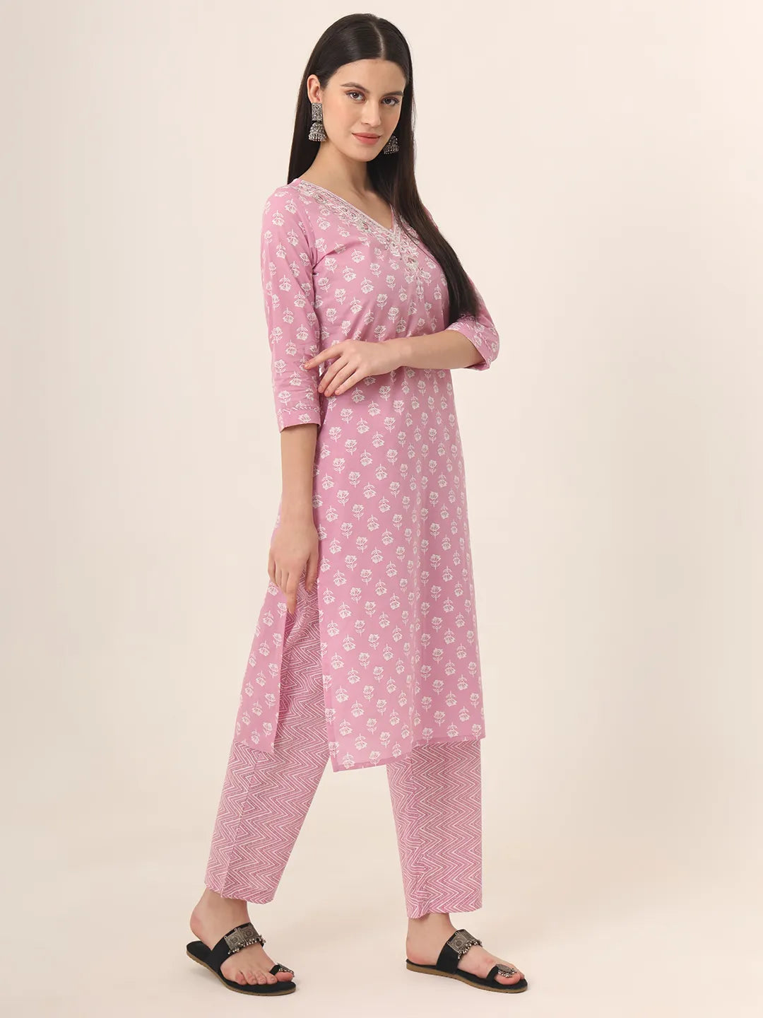 Pure Cotton Pink Kurta Dupatta Pant Set