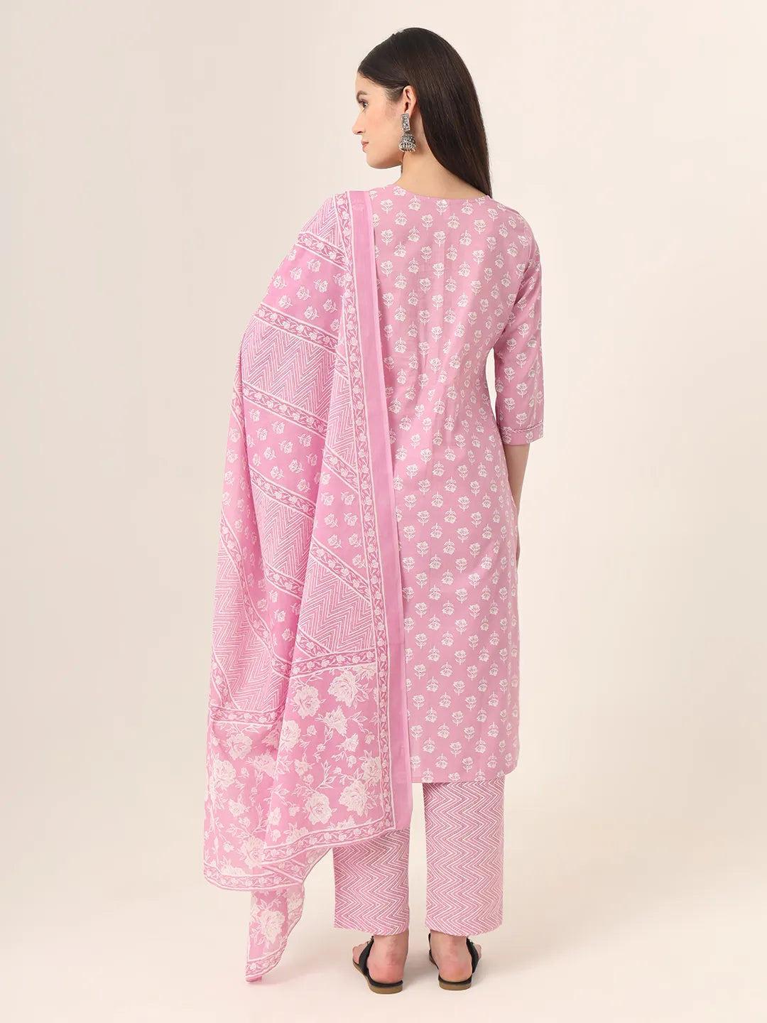 Pure Cotton Pink Kurta Dupatta Pant Set