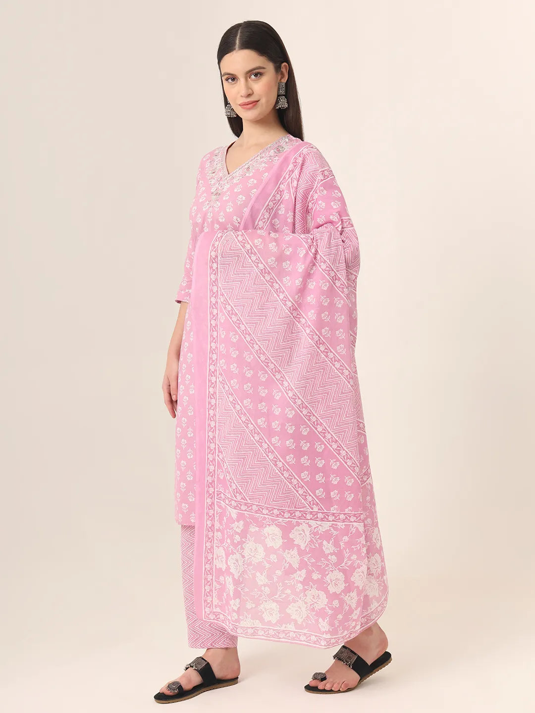 Pure Cotton Pink Kurta Dupatta Pant Set