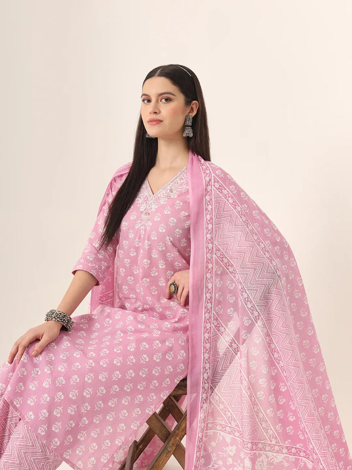 Pure Cotton Pink Kurta Dupatta Pant Set