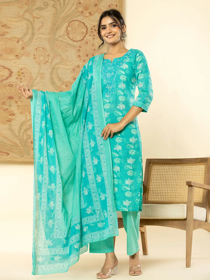 Pure Cotton Turquoise Blue Floral Embroidery Kurta Dupatta Pant Set