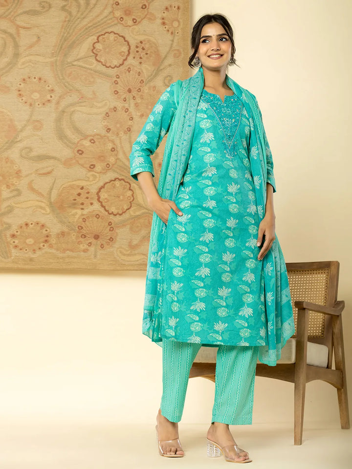 Pure Cotton Turquoise Blue Floral Embroidery Kurta Dupatta Pant Set