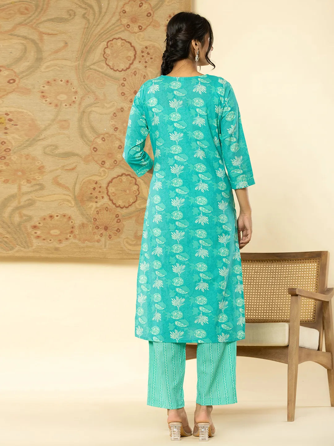 Pure Cotton Turquoise Blue Floral Embroidery Kurta Dupatta Pant Set