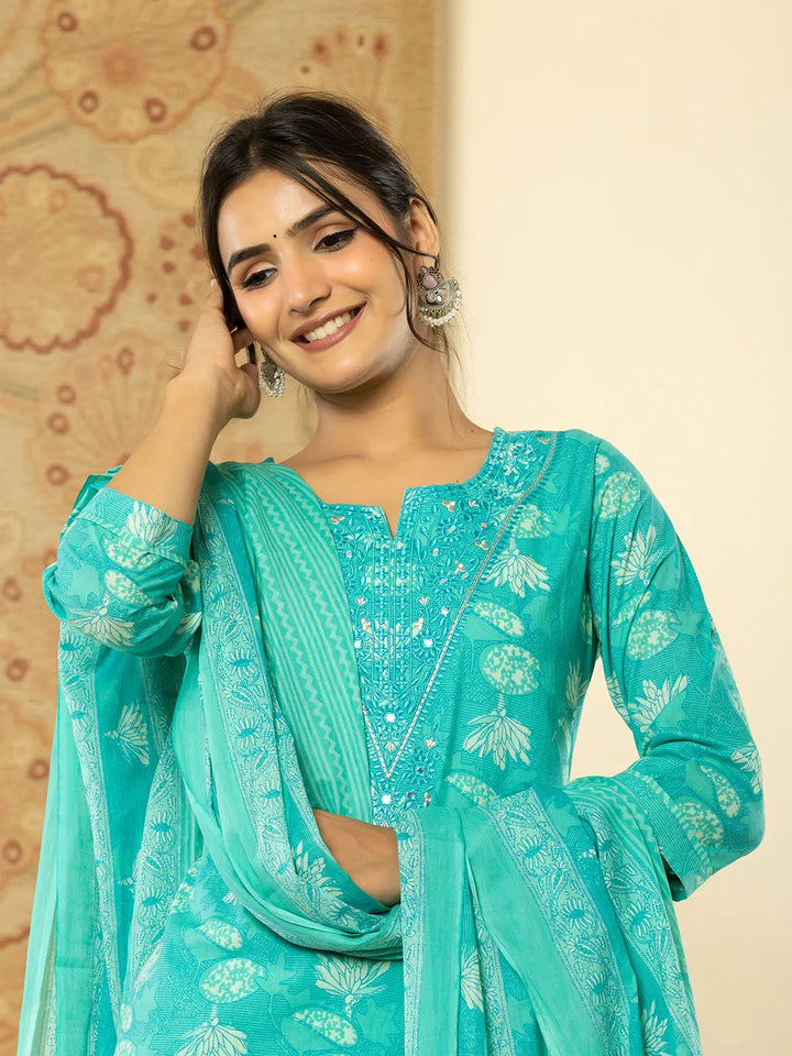 Pure Cotton Turquoise Blue Floral Embroidery Kurta Dupatta Pant Set