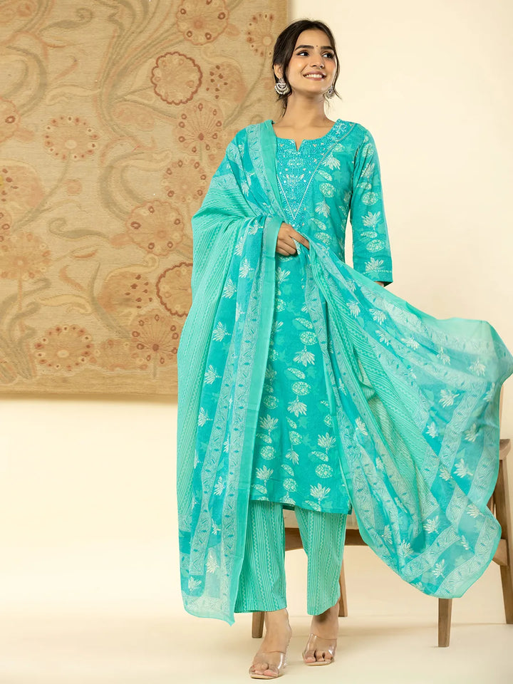 Pure Cotton Turquoise Blue Floral Embroidery Kurta Dupatta Pant Set