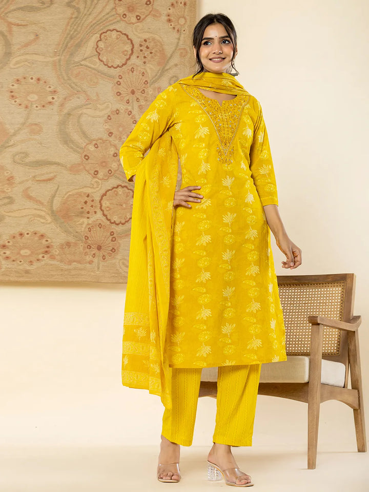 Cotton Mustard Floral Embroidery Mirror Work Kurta Dupatta Pant Set