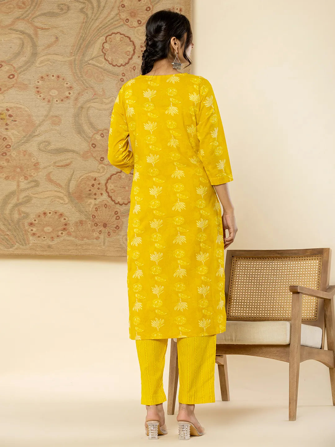 Cotton Mustard Floral Embroidery Mirror Work Kurta Dupatta Pant Set