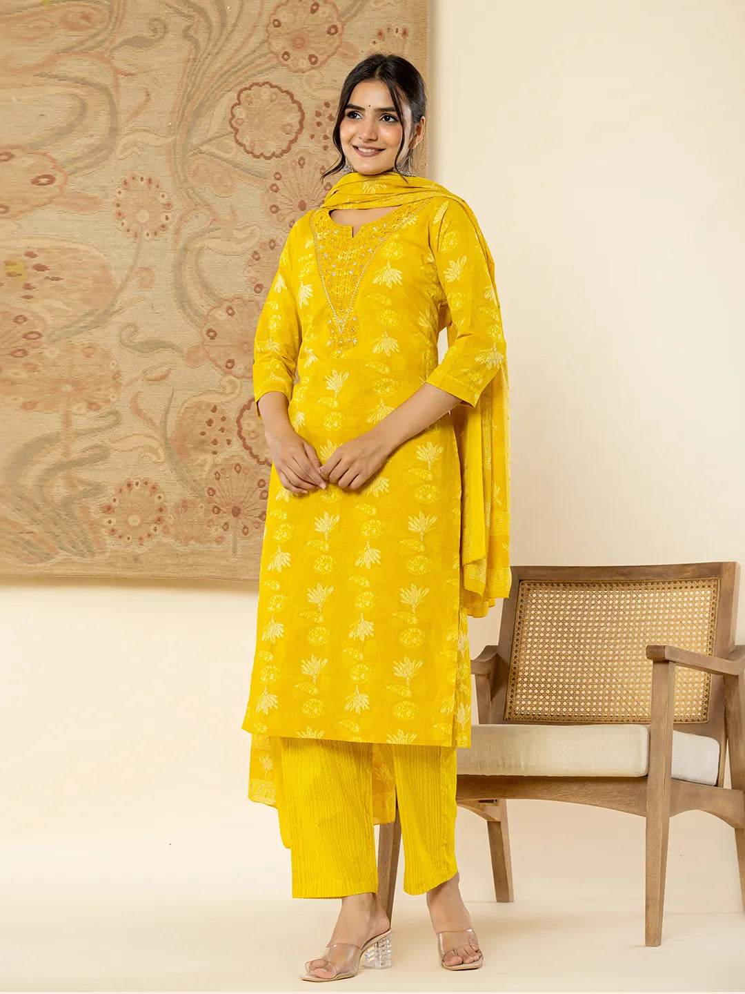 Cotton Mustard Floral Embroidery Mirror Work Kurta Dupatta Pant Set