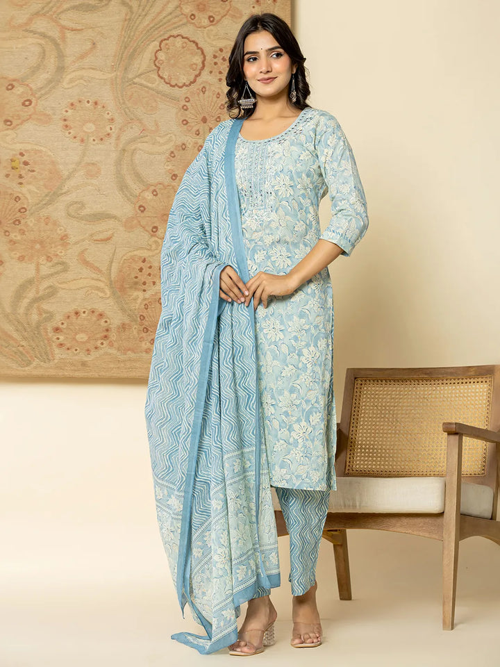 Pure Cotton Sky Blue Floral Embroidery Kurta Dupatta Pant Set