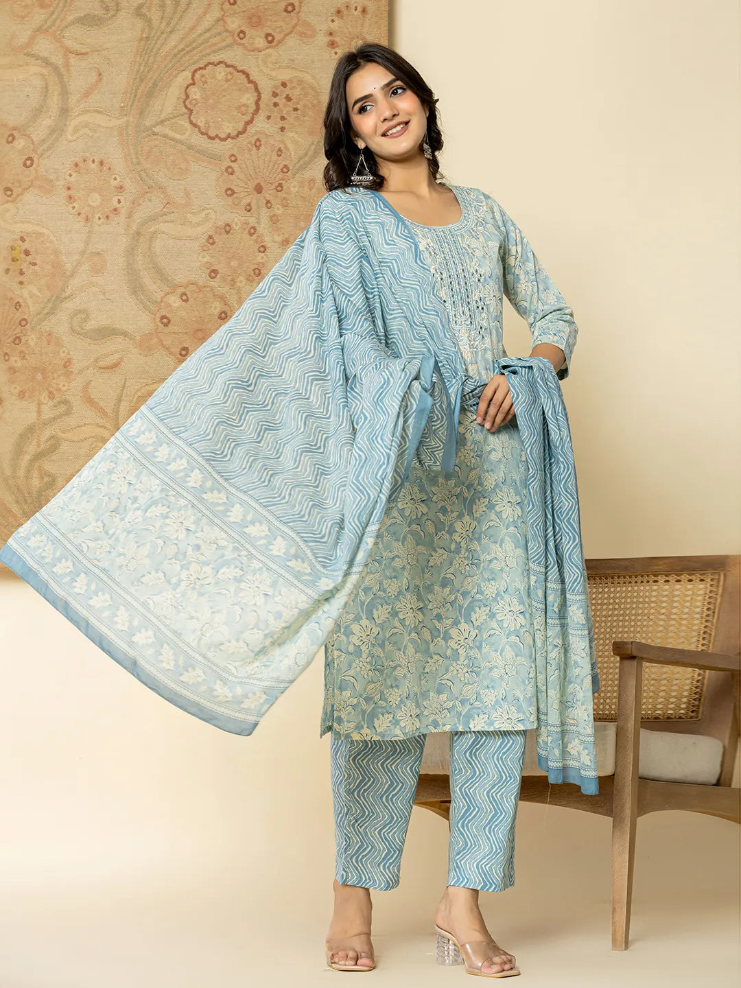 Pure Cotton Sky Blue Floral Embroidery Kurta Dupatta Pant Set