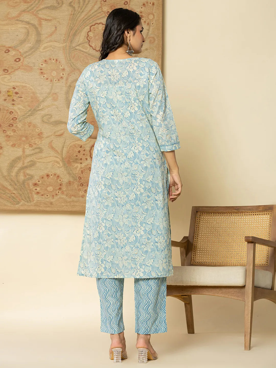 Pure Cotton Sky Blue Floral Embroidery Kurta Dupatta Pant Set