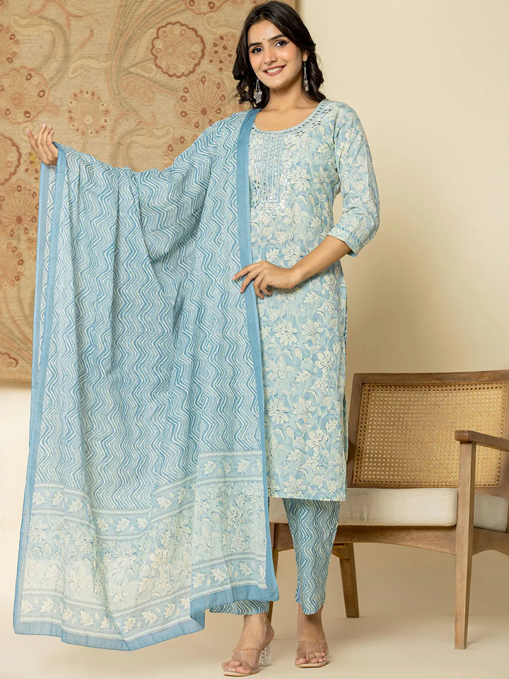 Pure Cotton Sky Blue Floral Embroidery Kurta Dupatta Pant Set