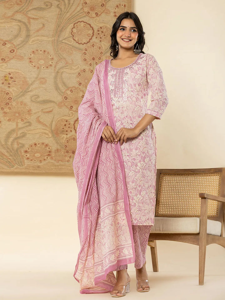 Pure Cotton Lavender Floral Embroidery Kurta Dupatta Pant Set