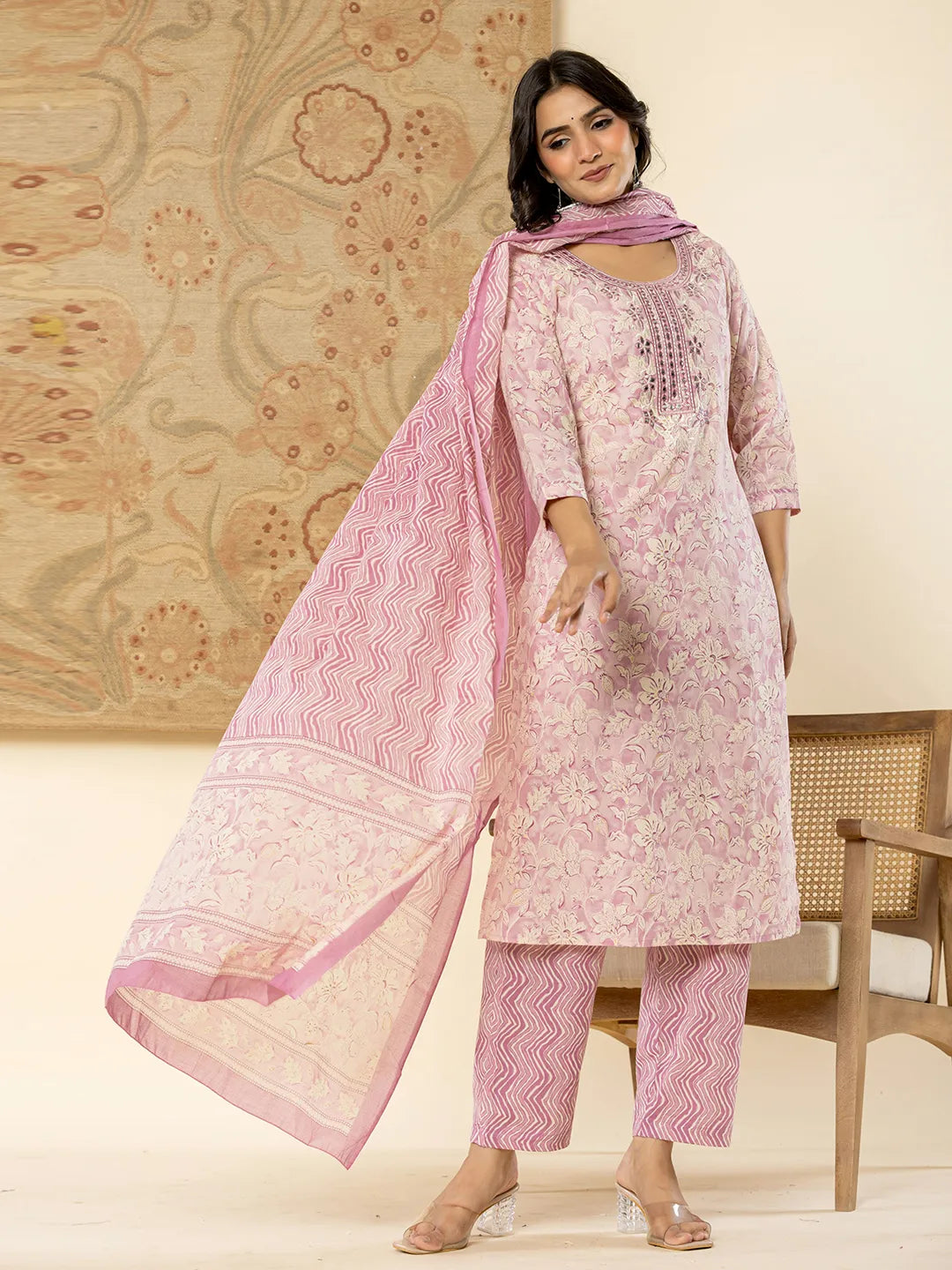 Pure Cotton Lavender Floral Embroidery Kurta Dupatta Pant Set