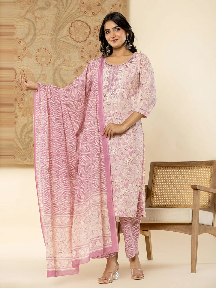 Pure Cotton Lavender Floral Embroidery Kurta Dupatta Pant Set