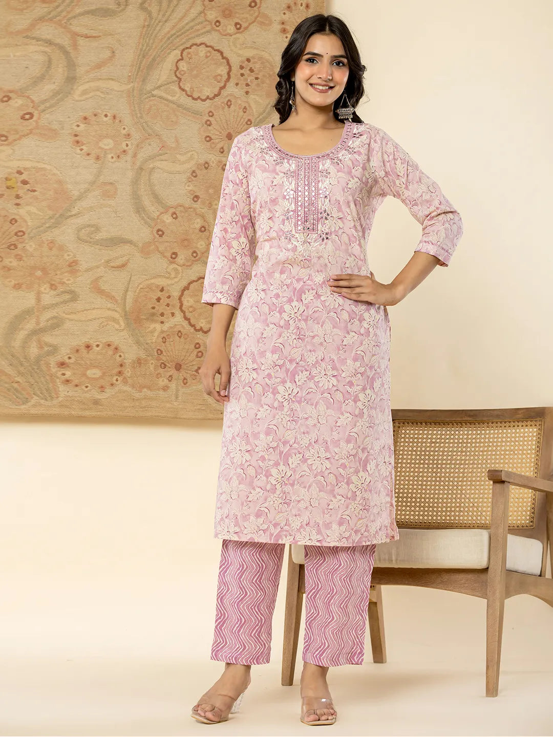 Pure Cotton Lavender Floral Embroidery Kurta Dupatta Pant Set