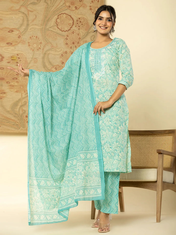 Pure Cotton Sea Green Floral Embroidery Kurta Dupatta Pant Set