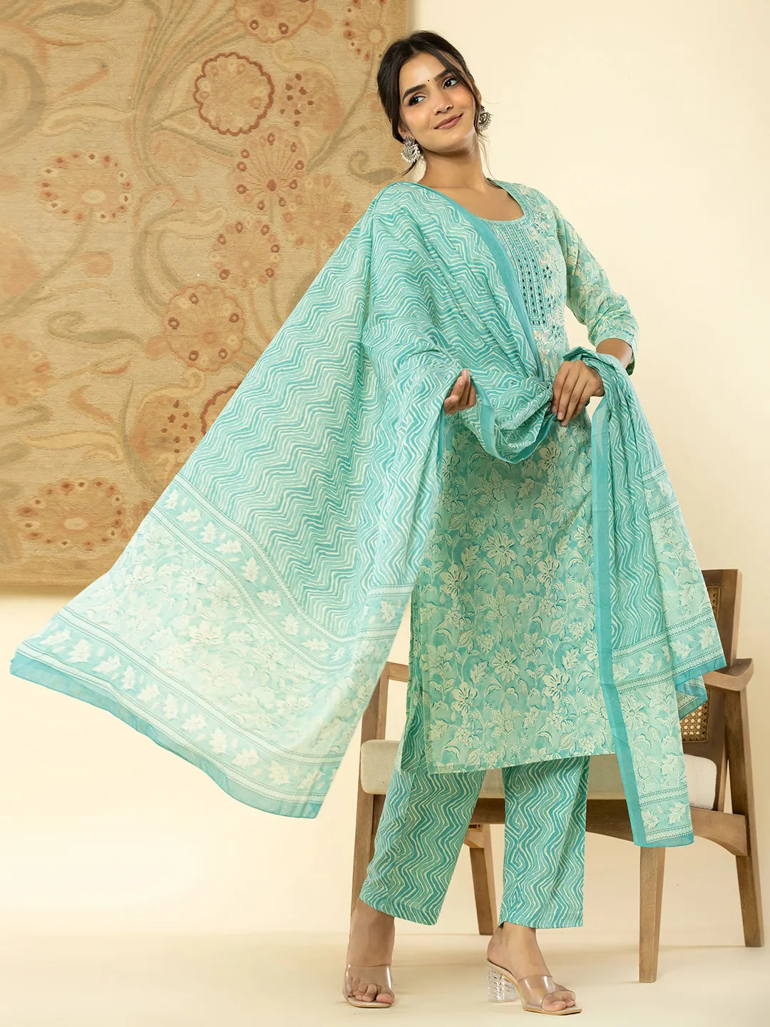 Pure Cotton Sea Green Floral Embroidery Kurta Dupatta Pant Set